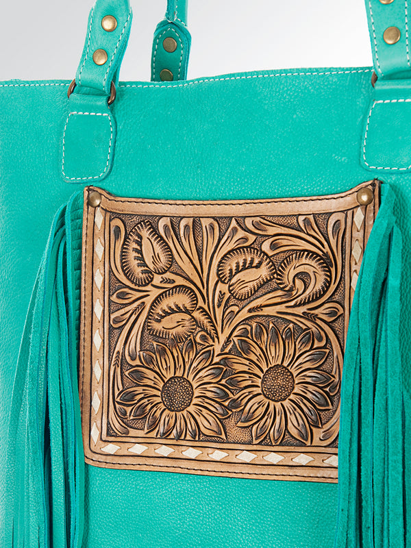 ADBG662 American Darling Hand Tooled Floral Western Leather Tote Bag with Fringes