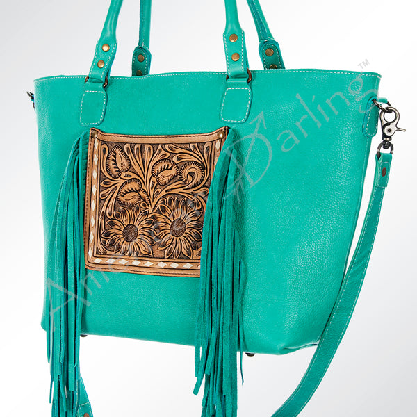 ADBG662 American Darling Hand Tooled Floral Western Leather Tote Bag with Fringes