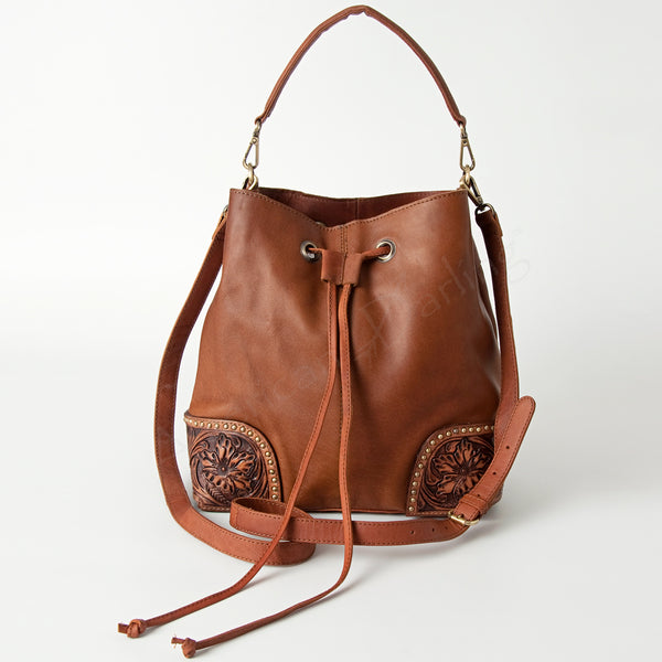 LC-ADBGI162 Western Leather Bucket Bag - Tooled Corners with Drawstring Closure