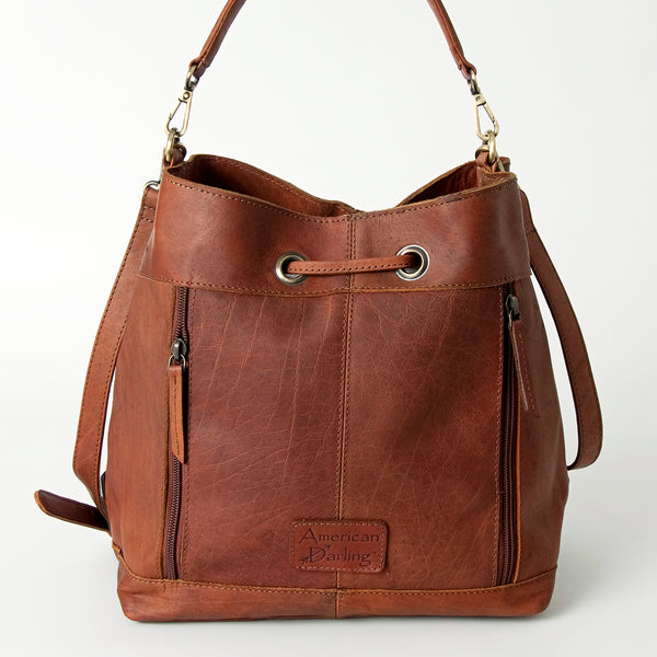 LC-ADBGI162 Western Leather Bucket Bag - Tooled Corners with Drawstring Closure