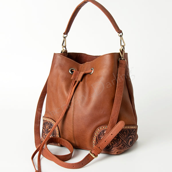 LC-ADBGI162 Western Leather Bucket Bag - Tooled Corners with Drawstring Closure