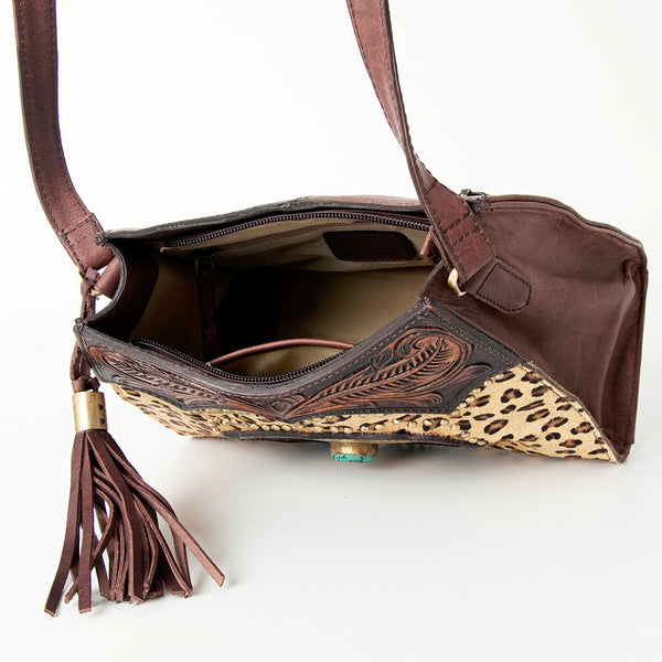 ADBGI165 Natural Hair on Tooled Leather Bag - Turquoise Concho & Stud Accent
