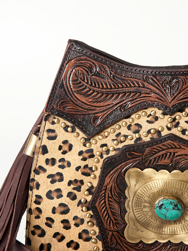 ADBGI165 Natural Hair on Tooled Leather Bag - Turquoise Concho & Stud Accent