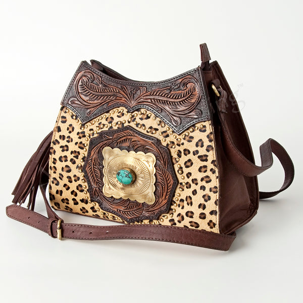 ADBGI165 Natural Hair on Tooled Leather Bag - Turquoise Concho & Stud Accent