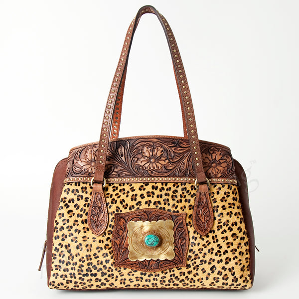 ADBGI171 Hair-On Cowhide Western Tote - Tooled Leather & Turquoise Concho Accent