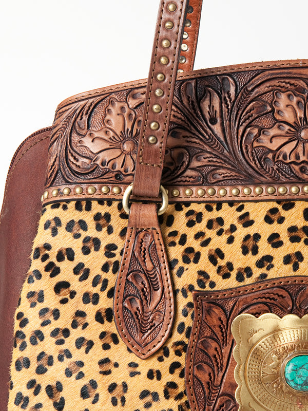ADBGI171 Hair-On Cowhide Western Tote - Tooled Leather & Turquoise Concho Accent