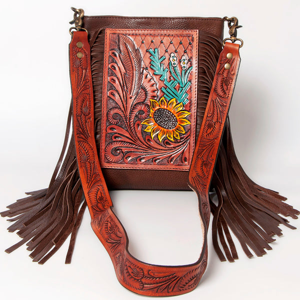 ADBGA155 American Darling Sunflower Feather Tooled Leather Fringe Crossbody Bag