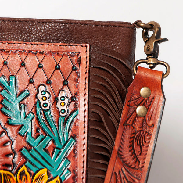 ADBGA155 American Darling Sunflower Feather Tooled Leather Fringe Crossbody Bag