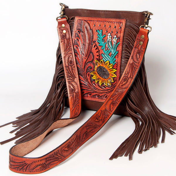 ADBGA155 American Darling Sunflower Feather Tooled Leather Fringe Crossbody Bag