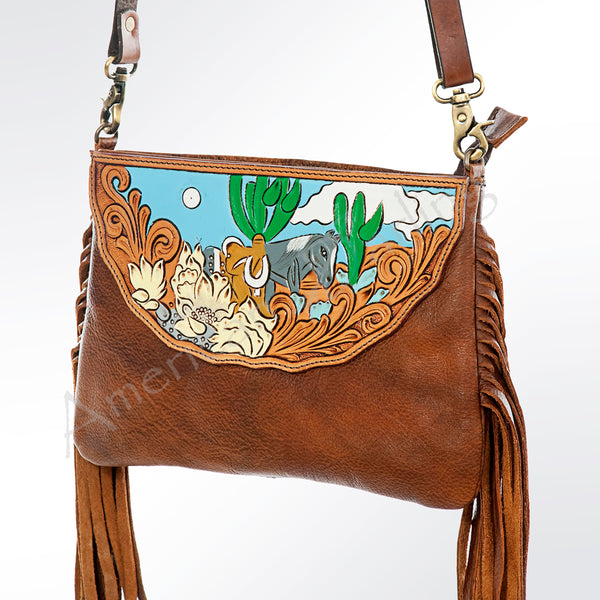 ADBGA156 American Darling Tooled Leather Crossbody with Fringe Western Brown Shoulder Bag