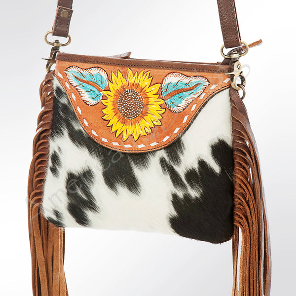 ADBGA159 American Darling Hair-On Cowhide & Tooled Leather Buck Stitched Messenger Bag