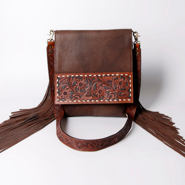 ADBGA161 American Darling Tooled Leather Messenger Bag Brown Fringe Western Shoulder Purse