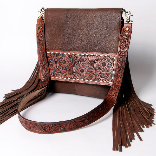 ADBGA161 American Darling Tooled Leather Messenger Bag Brown Fringe Western Shoulder Purse