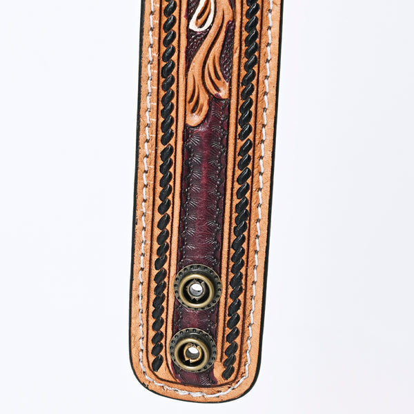 LC-ADBRF149 Hand Tooled Leather Cuff Bracelet - Floral Scroll with Turquoise Accent & Braided Border