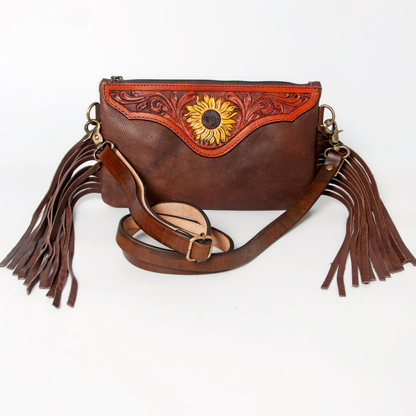 ADBGA177 American Darling Hand Tooled Sunflower Carved Leather Fringe Small Crossbody Bag