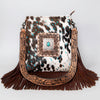 ADBGS192 Cowhide Large Crossbody Bag with Tooled Patch, Fringe & Floral Strap - Western Hand Purse