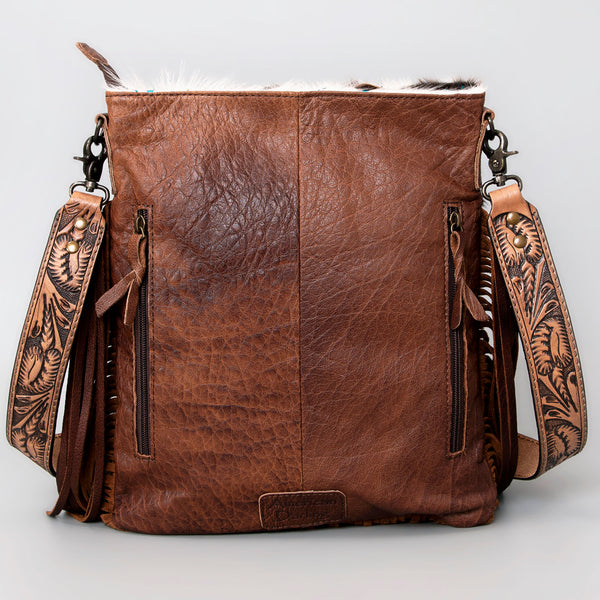 ADBGS192 Cowhide Large Crossbody Bag with Tooled Patch, Fringe & Floral Strap - Western Hand Purse
