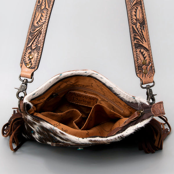ADBGS192 Cowhide Large Crossbody Bag with Tooled Patch, Fringe & Floral Strap - Western Hand Purse