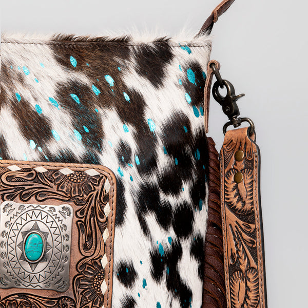 ADBGS192 Cowhide Large Crossbody Bag with Tooled Patch, Fringe & Floral Strap - Western Hand Purse