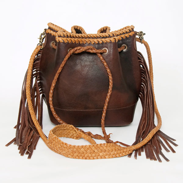 ADBGD140 American Darling Handcrafted Leather Bucket bag with Fringes & Braided Drawstring