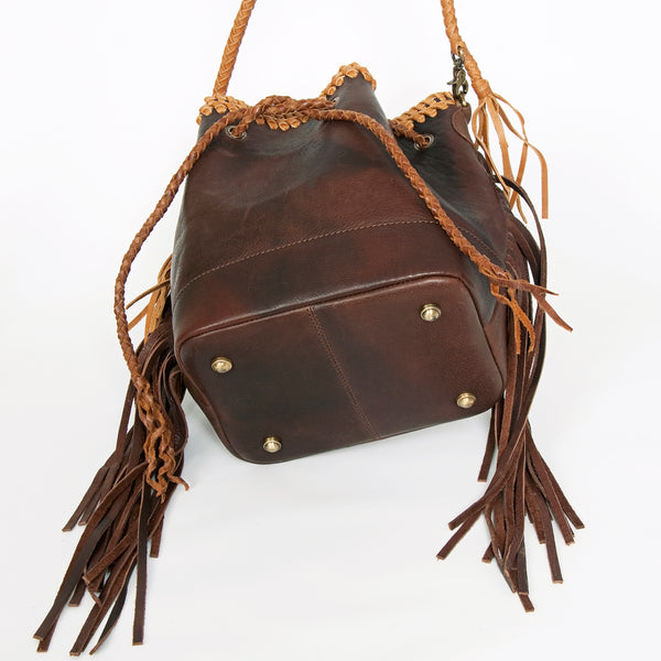 ADBGD140 American Darling Handcrafted Leather Bucket bag with Fringes & Braided Drawstring