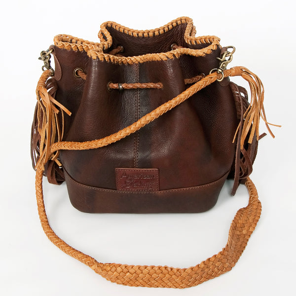 ADBGD140 American Darling Handcrafted Leather Bucket bag with Fringes & Braided Drawstring