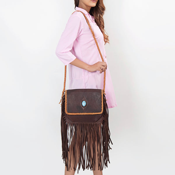 ADBGD141 American Darling Handcrafted Leather Cross body Bag with Stone & Long Fringes