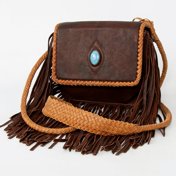 ADBGD141 American Darling Handcrafted Leather Cross body Bag with Stone & Long Fringes