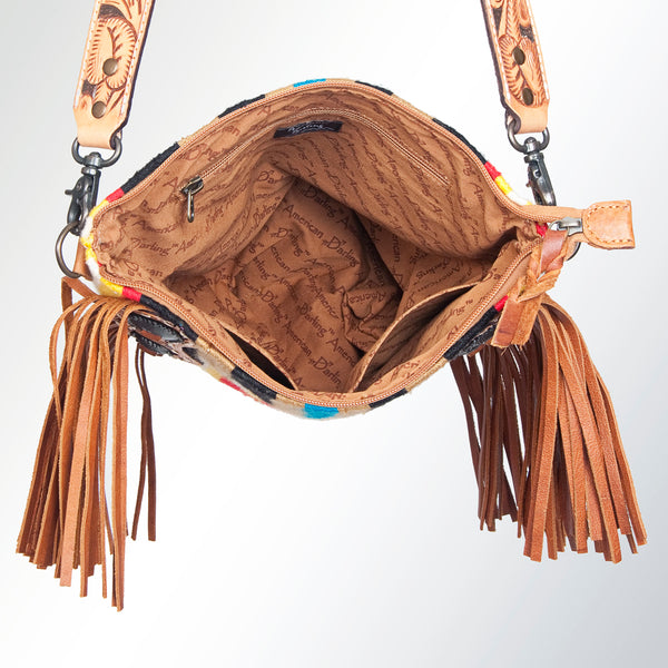 ADBG672 Southwestern Rug & Tooled Leather Crossbody Bag - Western Fringe Purse with Conchos
