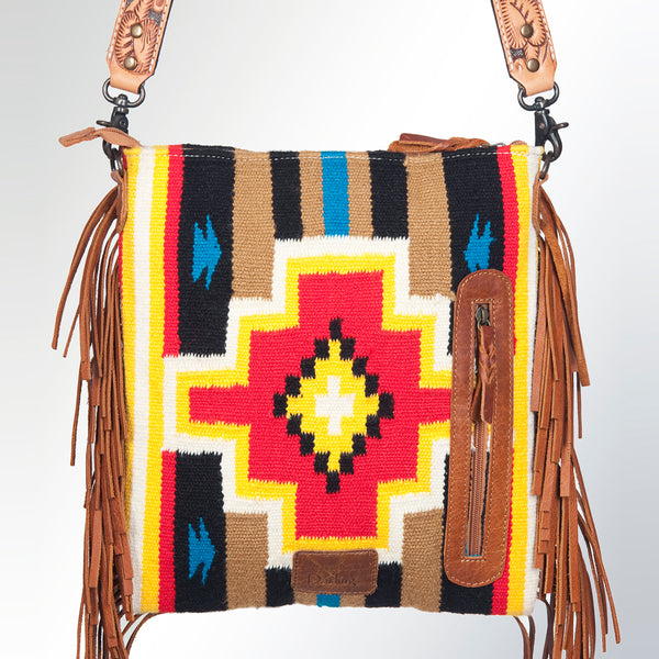 ADBG672 Southwestern Rug & Tooled Leather Crossbody Bag - Western Fringe Purse with Conchos