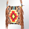 ADBG672 Southwestern Rug & Tooled Leather Crossbody Bag - Western Fringe Purse with Conchos
