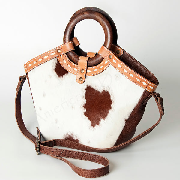 ADBG689B Western Hair On Leather Tote Bag with Wooden Handles American Darling Handcrafted Shoulder Bag