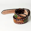 LC-ADBLF112 Hand-Tooled Leather Western Belt - Cactus & Floral Design with White Diamond Border