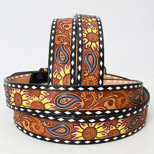 LC-ADBLF116 Hand-Tooled Leather Belt - Sunflower & Paisley Design with White Diamond Edge