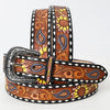 LC-ADBLF116 Hand-Tooled Leather Belt - Sunflower & Paisley Design with White Diamond Edge