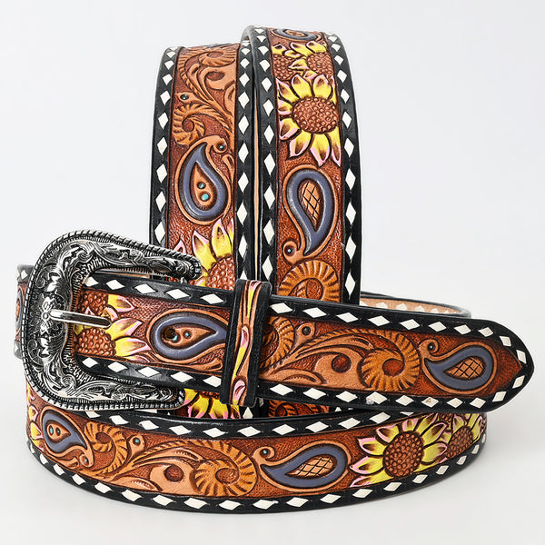 LC-ADBLF116 Hand-Tooled Leather Belt - Sunflower & Paisley Design with White Diamond Edge