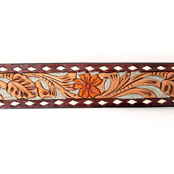 LC-ADBLF120 Tooled Leather Belt - Red Floral with Tan Scrolls and Diamond Border