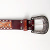 LC-ADBLF120 Tooled Leather Belt - Red Floral with Tan Scrolls and Diamond Border
