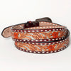 LC-ADBLF120 Tooled Leather Belt - Red Floral with Tan Scrolls and Diamond Border