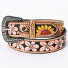 LC-ADBLF124 Tooled Leather Belt - Pink Flowers & Sunflower Motif on Black Base