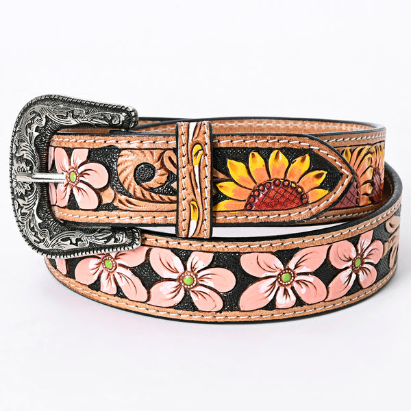 LC-ADBLF124 Tooled Leather Belt - Pink Flowers & Sunflower Motif on Black Base