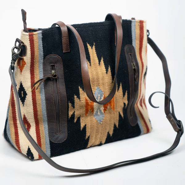 ADBG575 American Darling Western Woven Saddle Blanket & Tooled Leather Fringe Bag