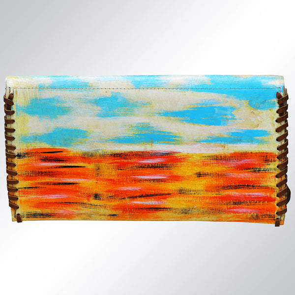 ADBGM136 Cowgirl Hand-Painted Leather Clutch - Western Art with Fringe and Stud Detail