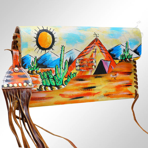 ADBGM136 Cowgirl Hand-Painted Leather Clutch - Western Art with Fringe and Stud Detail