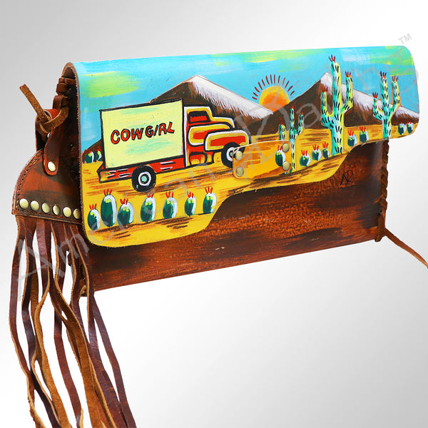 ADBGM136 Cowgirl Hand-Painted Leather Clutch - Western Art with Fringe and Stud Detail