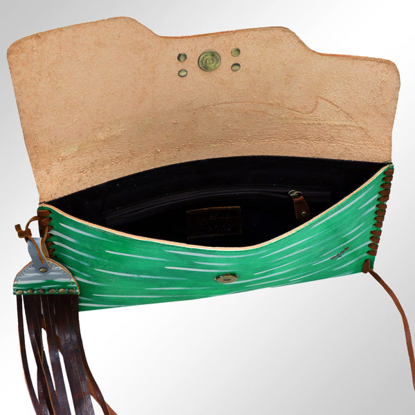 ADBGM136 Cowgirl Hand-Painted Leather Clutch - Western Art with Fringe and Stud Detail