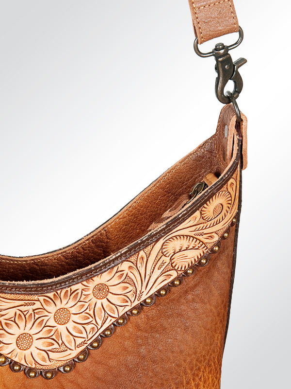 ADBG702B Western Sunflower Tooled Leather Messenger Shoulder Bag Large Pebbled Leather Travel Purse