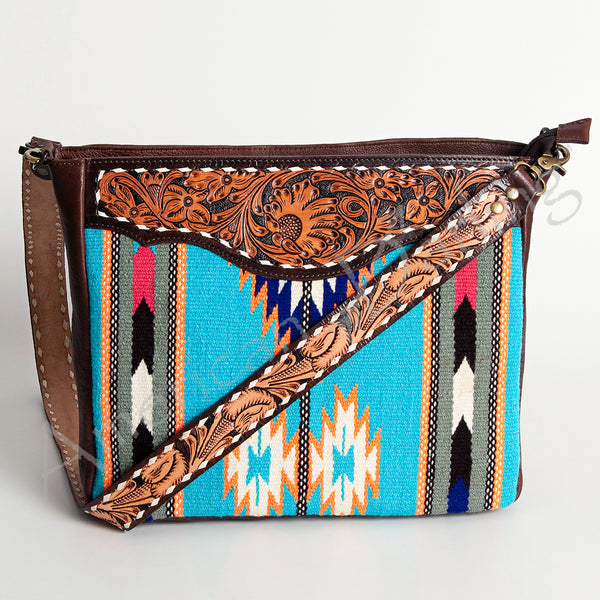 ADBGA183 American Darling Floral Tooled Leather Turquoise Serape Crossbody Bag