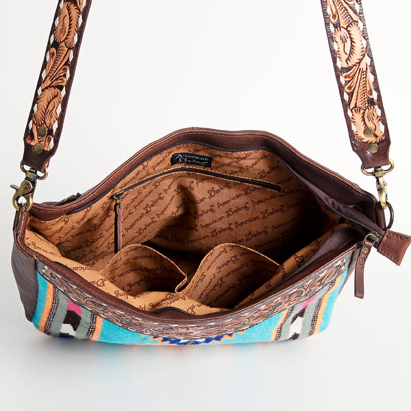 ADBGA183 American Darling Floral Tooled Leather Turquoise Serape Crossbody Bag