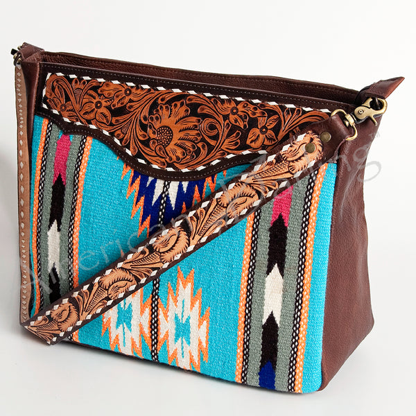 ADBGA183 American Darling Floral Tooled Leather Turquoise Serape Crossbody Bag